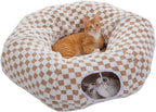 PEQULTI Brown Donut Cat Tunnel Bed Washable Plush Mat Multi for Small Pets | Round play tube with soft detachable plush mat, multi-pet toy fit indoor cats, kittens, puppies, rabbits and ferrets