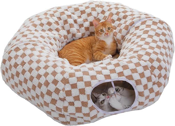 PEQULTI Brown Donut Cat Tunnel Bed Washable Plush Mat Multi for Small Pets | Round play tube with soft detachable plush mat, multi-pet toy fit indoor cats, kittens, puppies, rabbits and ferrets