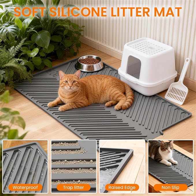 Large Silicone Cat Litter Mat Litter Trapping Pad for Litter Box | 34" x 22", Silicone, Foldable, Non-Slip, Friendly Soft on Cat Paws, Easy to Clean, Scatter Control, Gray