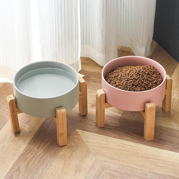8'' Ceramic Raised Dog Bowl - 70Oz Dog Food & Water Bowl with Elevated Non-Slip Bamboo Stand, Dishwasher & Microwave Safe, Anti Vomiting Heavy Duty Pet Bowl for Medium and Large Dogs, Pink