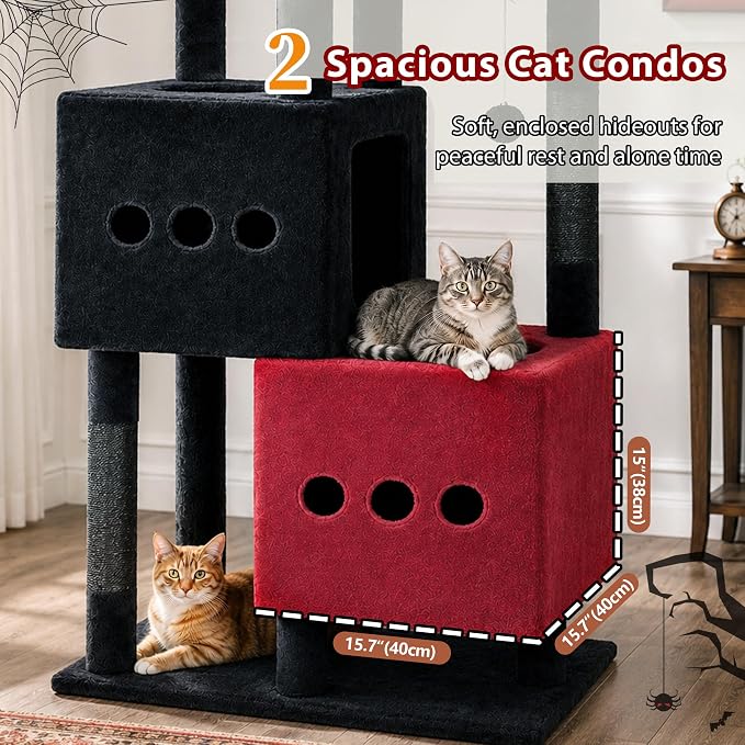 Gitelsnour Sturdy Cat Tree Tower with 2 Large Condos, 4 Big Perchs GCT039BR | 74.8" Sturdy Cat Furniture for Indoor Cats Large Adult with 2 Cozy Cat Baskets, Sisal Scratching Posts & Toys, Black and Red