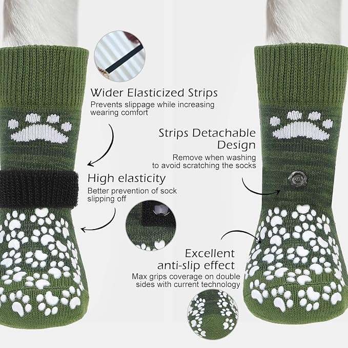 EXPAWLORER Anti Slip Dog Socks to Prevent Licking Paws, Shoes for Hot Pavement, Dog Booties for Small Medium Large Senior Dogs, Traction Control Boots & Paw Protectors for Hardwood Floors ArmyGreen