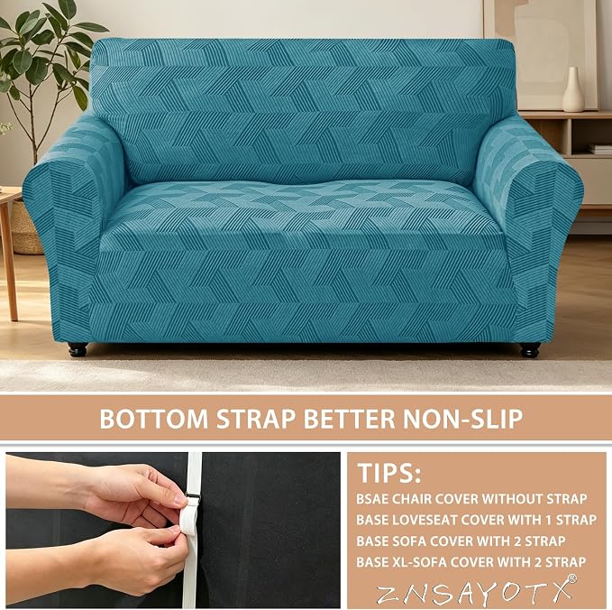ZNSAYOTX Stretch Couch Covers for 2 Cushion Couch, 1-Piece Loveseat Covers Sofa Slipcover, Furniture Protector with Elastic Bottom for Dogs Geometrical Jacquard Fabric (Medium, Peacock Blue)