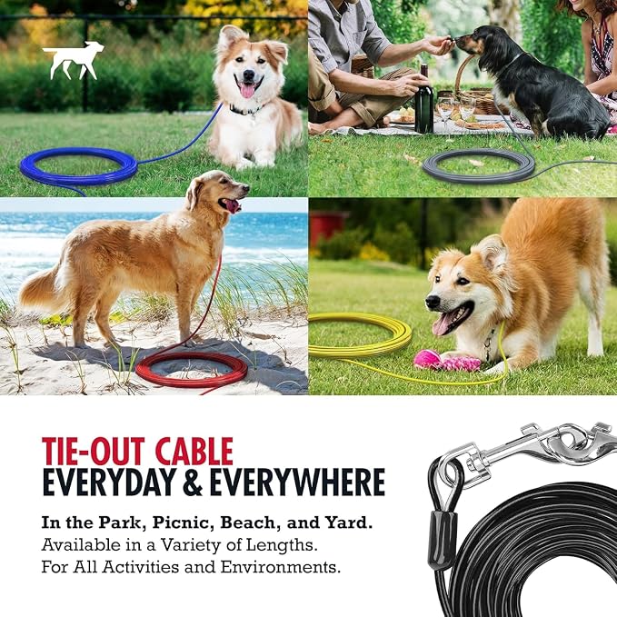 Tuff Pupper Dog Tie Out Cable, 25 ft Heavy Duty Lead for up to 90 lb Dogs | Extra-Strong Coated Steel Wire for Large Dogs; Water/Rust Resistant Yard Runner Line with 360-Degree No-Tangle Swivel Clips