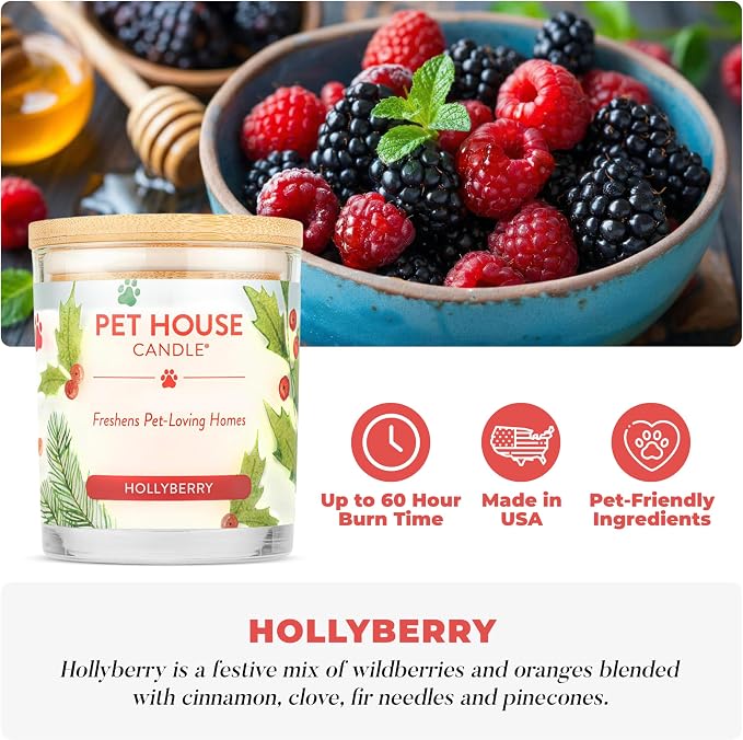 Pet House Candle 2 Pack - Plant-Based/Soy- Clean Burning Scented, Long Lasting Pet Odor Candle for Home - Hollyberry