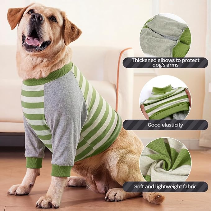 FUAMEY Dog Recovery Sleeve with Elbow Protector, Green Stripes, 3XL | Stop Licking Joints Shirt, Pet Long Sleeve Suit, Protecting Front Leg Arm Wounds, Cover Skin Conditions, Alternative to Cone