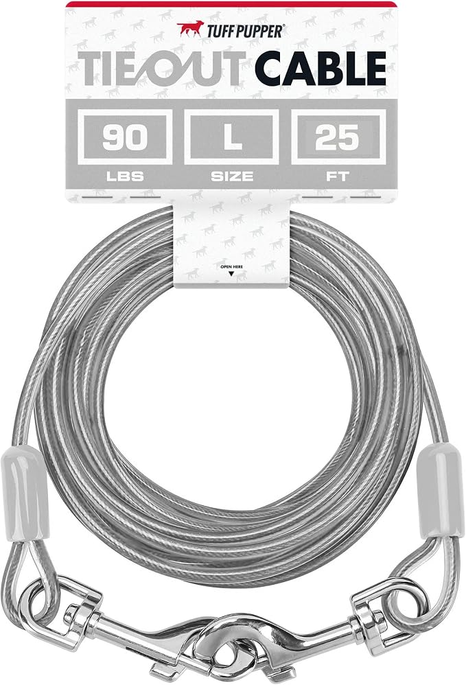 Tuff Pupper Dog Tie Out Cable, 25 ft Heavy Duty Lead for up to 90 lb Dogs | Extra-Strong Coated Steel Wire for Large Dogs; Water/Rust Resistant Yard Runner Line with 360-Degree No-Tangle Swivel Clips