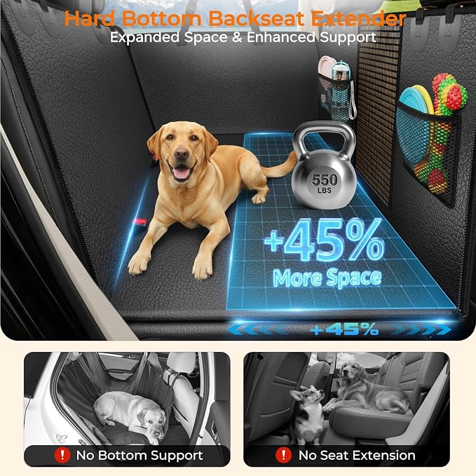 URPOWER PU Leather Back Seat Extender for Dogs, Hard Bottom Dog Seat Cover | Supports 550 lbs, Stable 3-Panel Hard Bottom, Added High-Density Foam for Comfort, Waterproof 900D Oxford, 45% More Space