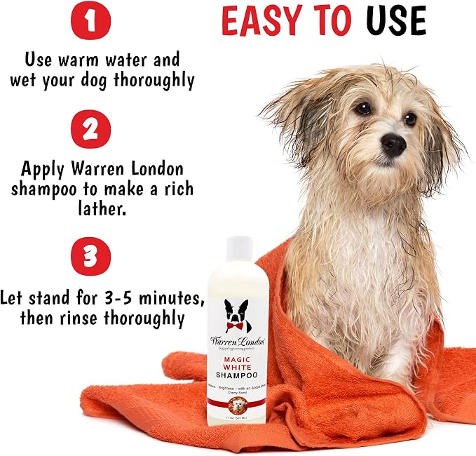 Warren London Magic White Dog Shampoo | Whitening Shampoo for White Dogs & Lighter Dog Coats | Puppy and Cat Safe Grooming Supplies | Cherry Scent | Made in USA | 17oz