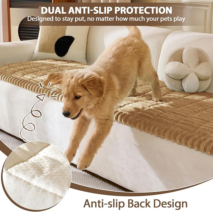 FUANGUI 2 Pack Waterproof Couch Cover for Dogs Pets Sofa Protector | Non-Slip Washable Fuzzy Soft Sofa Slipcover for 2 PCS L Shaped Sofa Pet Friendly, 27.6" x 70.9"+27.6" x 82.7", Camel