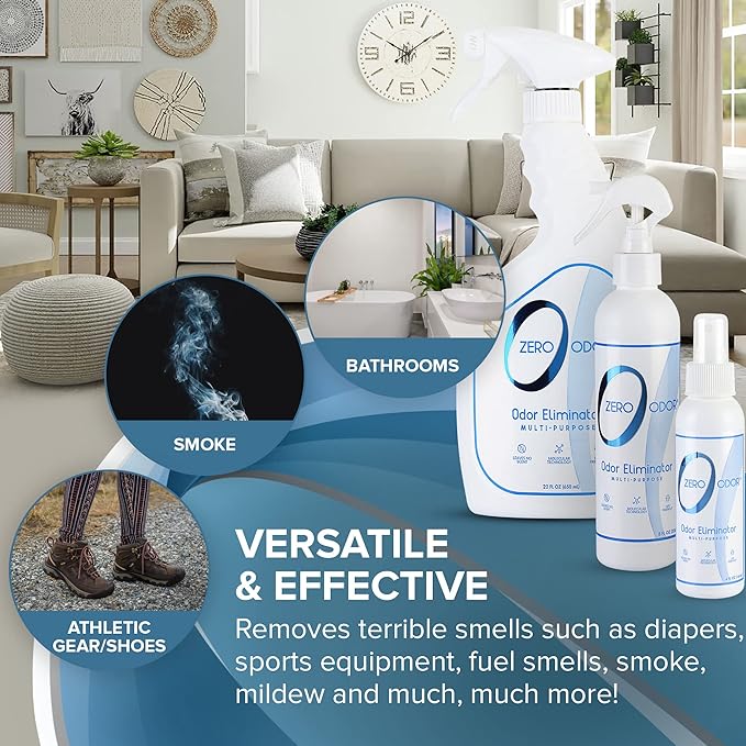 Zero Odor - Multi-Purpose Strong Odor Eliminator for Home, Office, Car, Bathroom, Hotel, Room Deodorizer, and Odor Neutralizer Kit | Odor Eliminator for Hotel, Bathroom, Basement, Trash & Upholstery, Fabric & Room Deodorizer - 22 oz, 8 oz and 4 oz