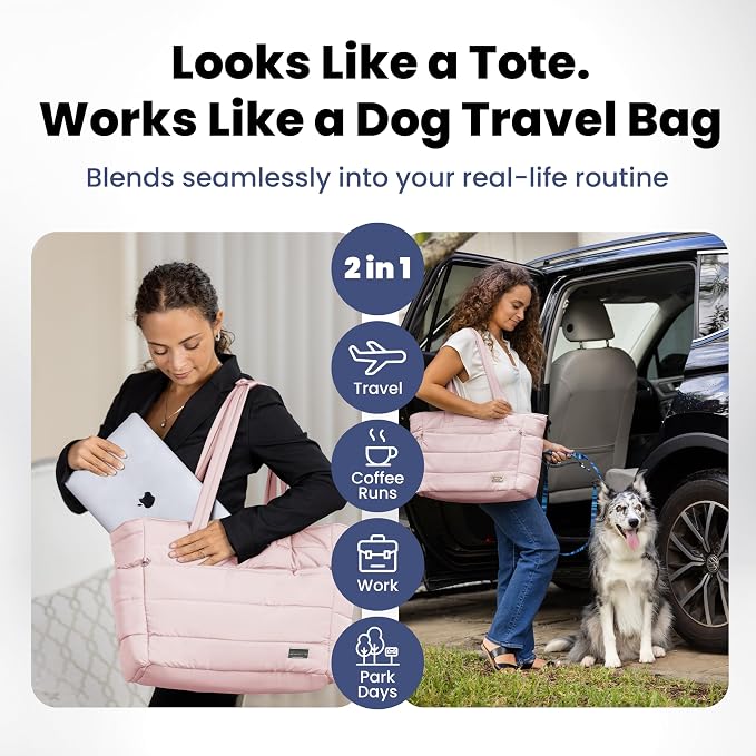 Rubyloo Puffer Dog Travel Bag for Dog Moms, Diaper Bag with Travel Bowls | 2 BPA-Free Collapsible Bowls, 2 Pet Food Containers, 9 Pockets, Everyday Puffer Bag Works With or Without Your Dog, Soft Pink