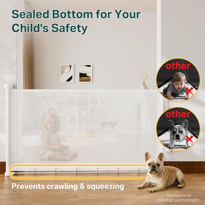 Cumbor 37-55" Retractable Baby Gates for Stairs & Doorways, Indoor Outdoor | Hardware Mounted Mesh Dog & Pet Gate, Easy Walk Through, One-Hand Operation, Anti-Crawl Adjustable Safety Gate for Dog, White