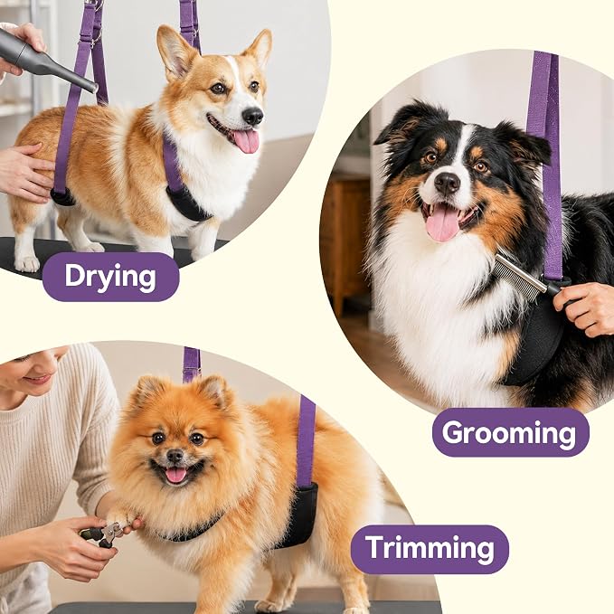 Dog Grooming Arm for Table, H-Shape Adjustable Grooming Stand, 42" Height & 26"–50" Width, Clamp-On Pet Grooming Arm with Grooming Loop and Belly Strap Set for Home Grooming, Nail Trimming & Drying