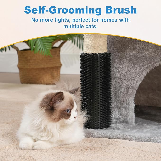 Hey-brother Cat Tree Tower with Large Platform, Spacious Condo, MPJ060W | 35.4 Inches, 2 Cozy Hammocks, Self-Grooming Brush, Sisal Scratching Posts for Big Indoor Adult, Maine Coon, Light Gray