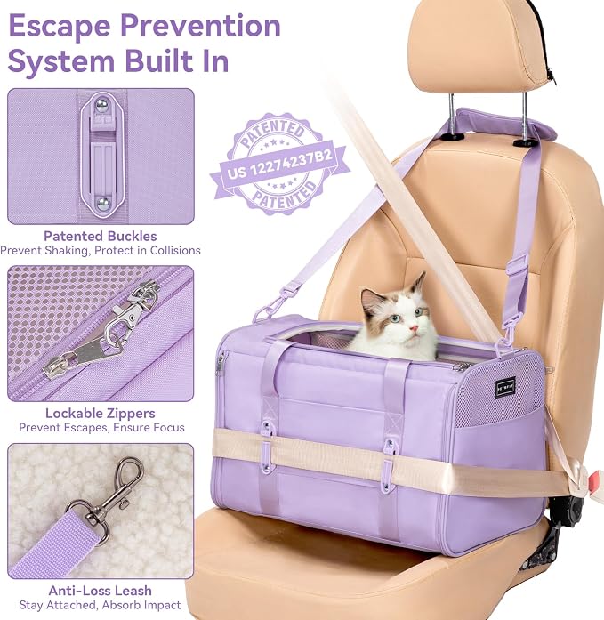 PETSFIT Cat Carrier Soft with Patented Safety Buckles, Safe for Car Travel | Lockable Zippers, Safety Tether, Escape-Resistant Pet Carrier for Vet Visits, Airline Approved Under-Seat, Up to 12 lbs