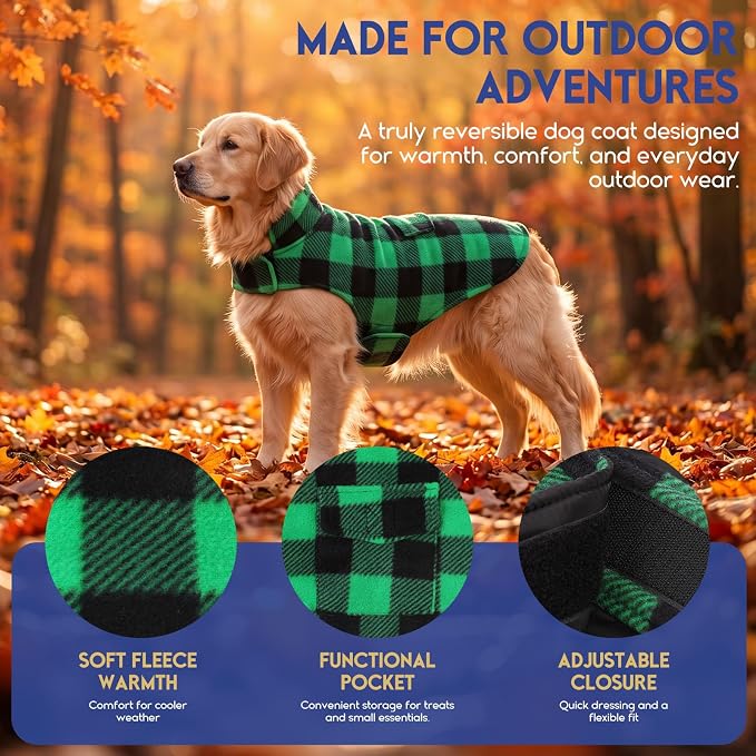 ASENKU Reversible Dog Winter Coat, Dog Jacket for Small Medium Large Dogs | Windproof Plaid Fleece Lining for Cold Weather, Water-resistant Outer Shell, Puppy Puffer Vest with Leash Hole, Green XS