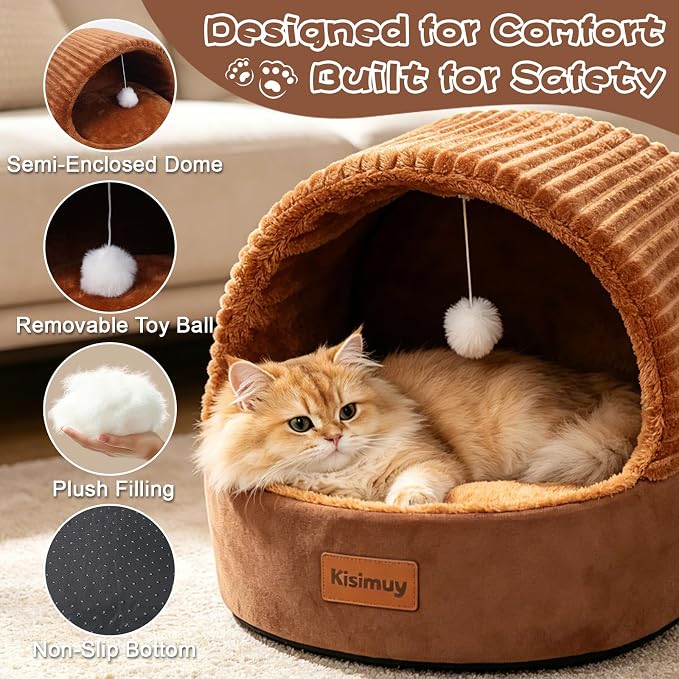 Cat Bed Cave with Pillow & Cat Toys, Cozy Cat Beds for Indoor Cats | 15.7in,Up to 10 lbs, Dual-Sided Cushion, Reversible Comfort for All Seasons, Semi-Enclosed Design, Machine Washable, Brown