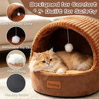Cat Bed Cave with Pillow & Cat Toys, Cat Bed for Indoor Cats & Dog | 17.7in, Up to 15 lbs, Dual-Sided Cushion, Reversible Comfort for All Seasons, Semi-Enclosed Design, Machine Washable, Brown