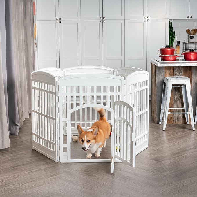 IRIS USA 6-Panel Dog Playpen, Pet Enclosure, White | Safe Play Zone, Configurable Layout, Multi-Shape Setup, Custom Pen Configuration, Stable Non-Tip Base, Secure Door Latch