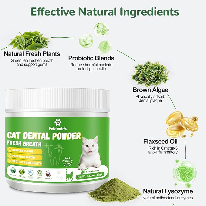 Cat Dental Care Powder, Cat Teeth Cleaning with Natural Ingredients and Probiotics, Dental Powder for Cats Breath Fresh Tartar Remover Plaque Off, 160g