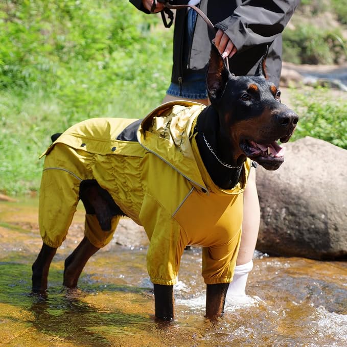 LOVELONGLONG Fleece-Lined Dog Raincoat with Removable Hood – Waterproof Winter Full Body Dog Jacket – Windproof Snowproof Cold-Weather Suit – Yellow-F L
