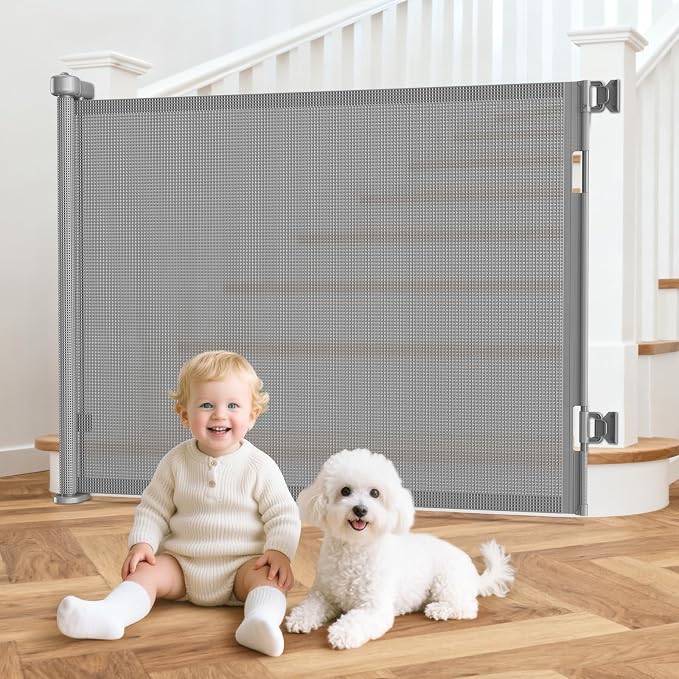 EZIGO 55 Inch Retractable Baby Gates, 41 Inch Extra Tall Retractable Gate | One-Hand Operation Retractable Dog Gate, 4.58FT Mesh Safety Pet Gate for Stairs, Deck, Porch, Doorways Indoor Outdoor, Gray