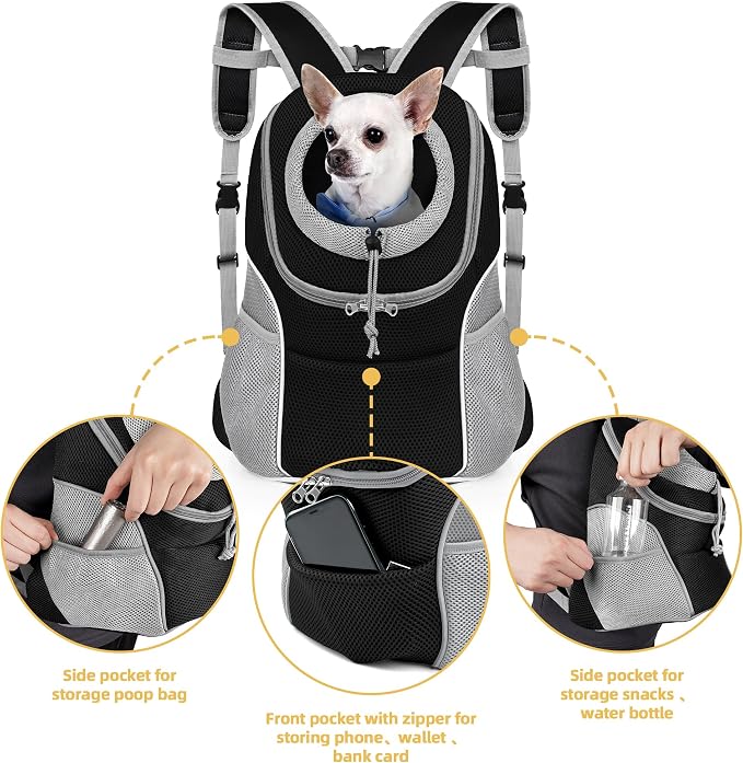 WOYYHO Pet Dog Carrier Backpack, Ventilated Small Dog Front Backpack | Small Dog Front Backpack, with Adjustable Straps, Safety Belt, Storage Pockets, for Travel Hiking Outdoor, Grey, M
