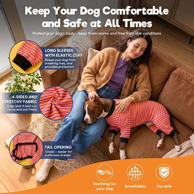 LovinPet Dog PJS Apparel for Medium Dogs, Pitbull Pure Cotton Pink Red and Purple Stripe Dog Shirt, 4-Legged Design, Full Body Coverage, Pajamas for Pitbulls, Onesies for Dogs, 2XL