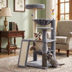 Multi-Level Cat Tree for Indoor Cats, Cat Tree Tower with Big Cat Hammock and Self-Grooming Brush, Cat Tower with Scratch Ladder, Indoor Climbing Activity Tower with Scratching Posts, Grey
