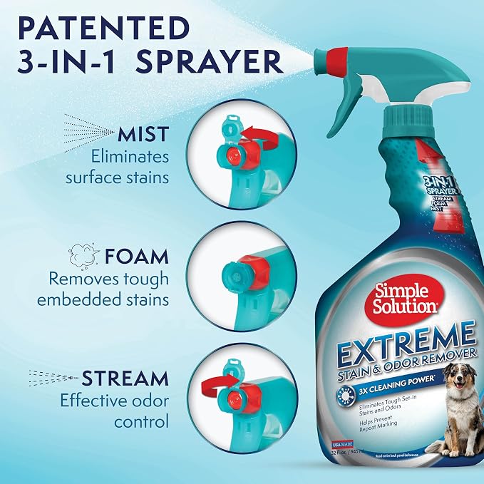 Simple Solution Extreme Stain & Odor Remover, Enzyme Stain Cleaner, 32oz | Dog Stain & Odor Remover, Pet Urine Enzyme Cleaner, Dog Urine Carpet Cleaner, Carpet Spray Cleaner, Pet Odor Eliminator