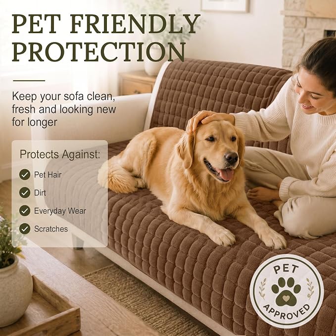 Smiry Velvet Couch Cover for Dogs, Non Slip Soft Sofa Protector for Pets | Washable Sofa Cover for Cats, Cozy Furniture Protector Against Pet Hair, Scratches, Fits Sectional Sofa(Brown, 36"x94.5")