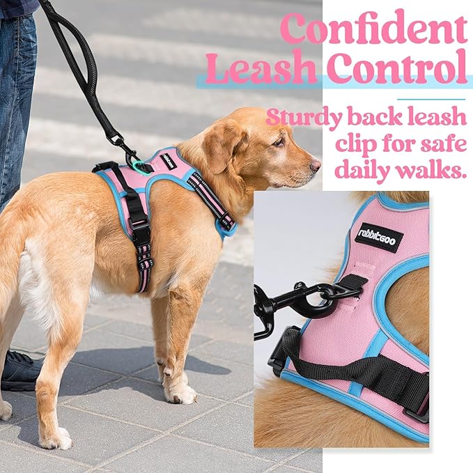 rabbitgoo Dog Harness, No Pull for Large Dogs with 2 Leash Clips, Pet Vest | No Choke with Handle, Adjustable Soft Padded, Reflective, Easy Control for Walking, Pink & Blue, Large