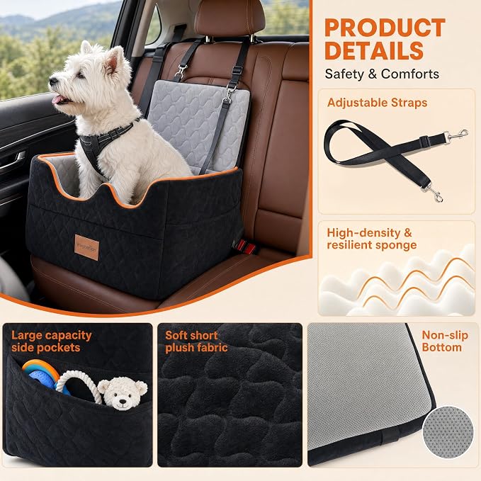 Dog Car Seat for Small/Medium Dogs Under 35lbs, Pet Booster Seat with 4In Memory Foam Cushion, Fully Detachable and Washable, Travel Dog Carseat with Storage Pocket and Safety Belt