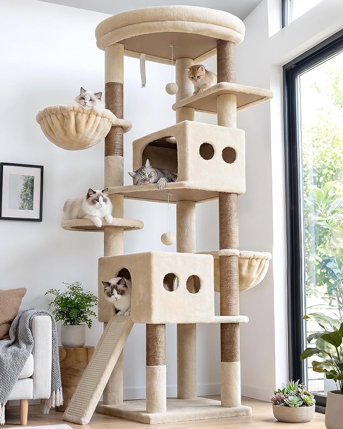 Globlazer S74G 74in Tall Cat Tree for Indoor Cats Large Adult, Light Grey | Sturdy Heavy Duty Cat Tree Tower for Multiple Cats with 7 Scratching Posts, 2 Spacious Condos, 2 Hanging Baskets