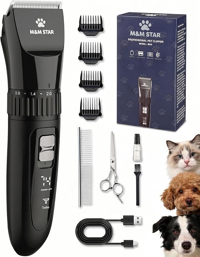 M&M STAR Dog Grooming Kit, Low Noise Dog Clippers, 2-Speed IPX7 Waterproof, Rechargeable Cordless Pet Hair Clippers Trimmer Shaver with LED Display for Dogs and Cats, Black