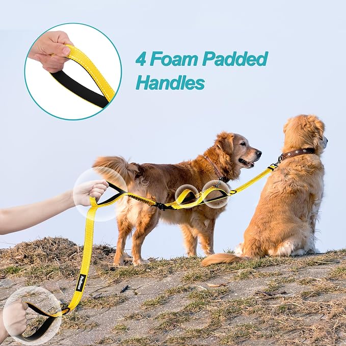 PetBonus Double Dog Leash, No Tangle Dual Leash, Walking Training Lead | 4 Comfortable Padded Handles, Adjustable, Reflective, For Two Large Medium Dogs, Collapsible Bowl and Waste Bags, Yellow
