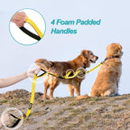 PetBonus Double Dog Leash, No Tangle Dual Leash, Walking Training Lead | 4 Comfortable Padded Handles, Adjustable, Reflective, For Two Large Medium Dogs, Collapsible Bowl and Waste Bags, Yellow