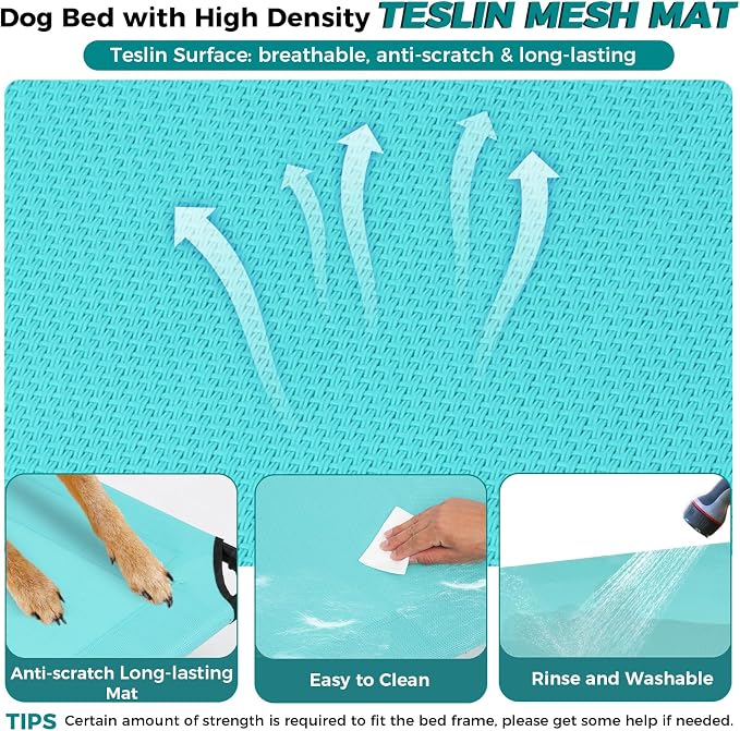 Elevated Dog Bed with Canopy for X-Large Dogs, Blue | UV-blocking shade, breathable Teslin mesh, tool-free setup, indoor-outdoor comfort for patios, balconies, travel
