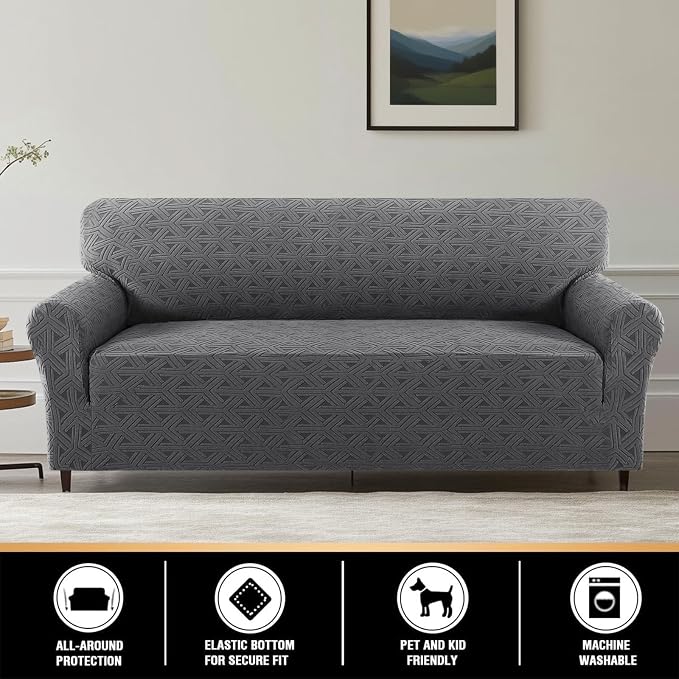 Jacquard Couch Covers for 3 Cushion Couch 1 Piece Stretch Sofa Covers Furniture Protector Anti-Slip Soft Thickened Dogs Slipcovers Washable Diamond Pattern(Sofa, Grey)