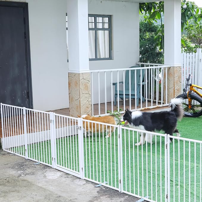 No Pawblems Full Metal Freestanding Dog Gate with Door, 30" Tall | Foldable Pet & Dog Fence for Stairs/Deck/Doorways, Indoor/Outdoor, Freestanding & Wall Mount, 208" Wide, 8 Panels, White