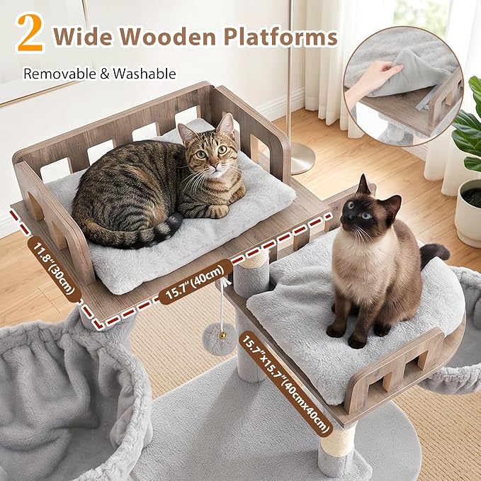 Gitelsnour Sturdy Cat Tree Tower with 2 Large Condos, 4 Big Perchs GCT039W | 74.8" Sturdy Cat Furniture for Indoor Cats Large Adult with 2 Cozy Cat Baskets, Sisal Scratching Posts & Toys, Light Gray