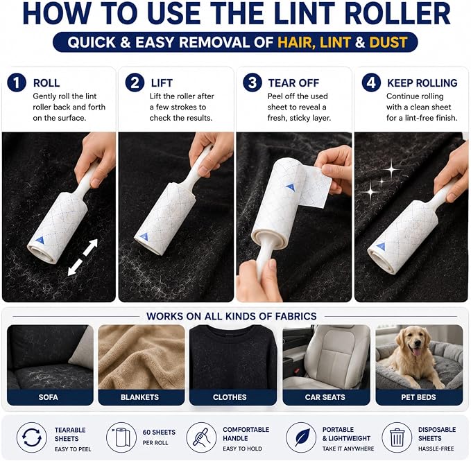 Pet Hair Remover for Laundry, 6 Reusable Laundry Sponges + Tearable Lint Roller, Pet Hair Remover for Clothes, Bedding, Furniture, Sofa, Car Seats, Dog & Cat Hair Remover