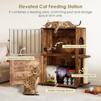 Cat Feeding Station, Dog Proof Cat Feeding Station with Scratching Post, Elevated Food Bowls with Stand, Cats Tree with Food Storage for Small Spaces, Pet House Furniture (Vintage)