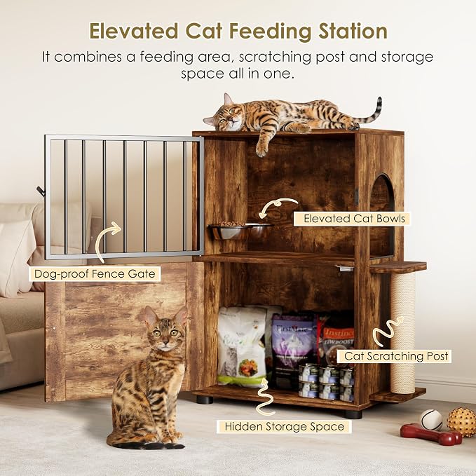 Cat Feeding Station, Dog Proof Cat Feeding Station with Scratching Post, Elevated Food Bowls with Stand, Cats Tree with Food Storage for Small Spaces, Pet House Furniture (Vintage)