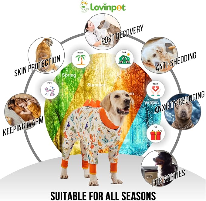 LovinPet Dog Pajamas Large Sized Dog, Recovery Wear, Lightweight Jurassic Knit, UV for Large Dogs/XL