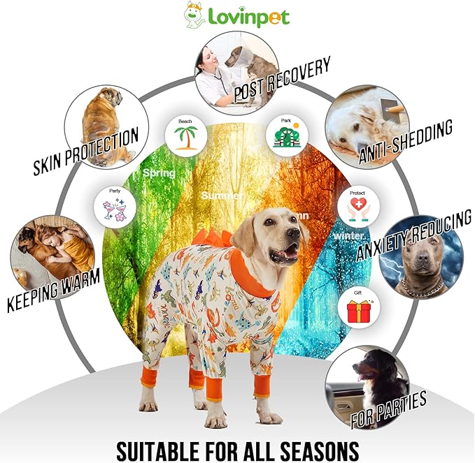LovinPet Dog Pajamas Large Sized Dog, Anti Licking, Recovery Wear, Lightweight Jurassic Knit, UV for Large Dogs /3XL