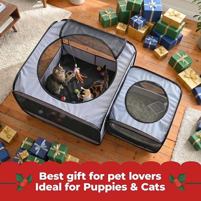 2-in-1 Portable Cat Playpen(End Doors), Pop up Kitten Playpen, Assembly-Free, Pet Tent Crates Kennel Cage Enclosure for Dog Puppy Indoor Outdoor(No Divider, Unified Space)