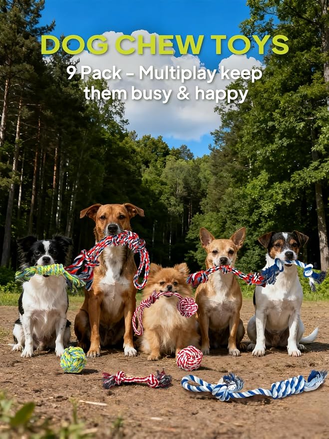 TwoEar Dog Rope Toy 9 Pack - Puppy Teething Toys for Small Medium Breed | Indestructible Dog Chew Toys for Aggressive Chewers - Cotton Tug of War Dog Toys for Boredom, Teeth Clean