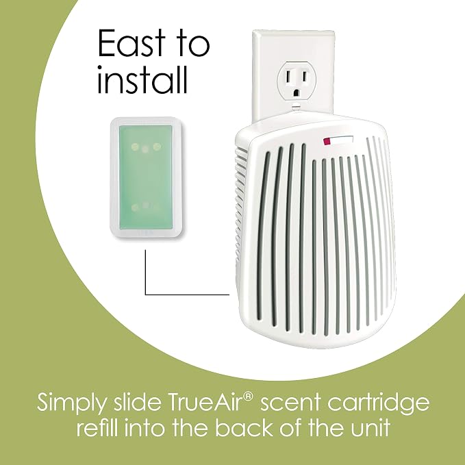 Hamilton Beach TrueAir Plug-Mount Odor Eliminator with Carbon Filter | Green Mountain Scent Cartridge | For Common Household-Smells, Tobacco, Pet, Bathroom, Trash | On/Off Fan | 04530GM